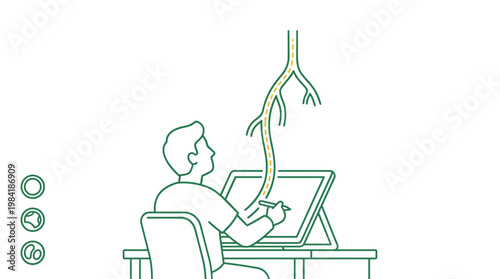 A focused professional artist uses a precise digital stylus to trace a complex branching neural pathway on a large interactive drafting tablet in a clean green workspace.