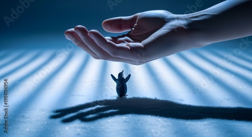 Surreal Hand Reaching Towards Tiny Figure, Symbolic of Protection and Guidance.