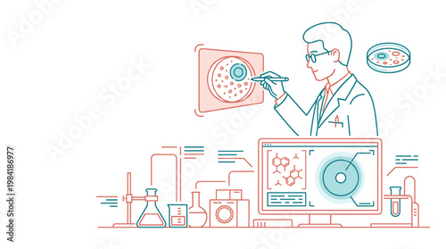 A meticulous male scientist in a white lab coat uses a digital stylus to analyze microscopic cell cultures on an interactive screen within a laboratory.