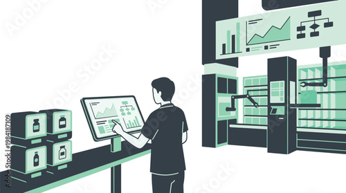 A skilled technician operates a sophisticated digital control interface to manage automated robotic arms within a modern pharmaceutical warehouse center.