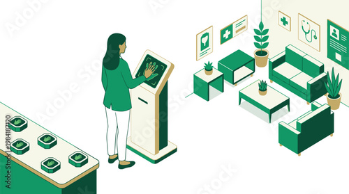 A professional woman uses a modern biometric hand scanner at a sleek digital kiosk within a bright and welcoming medical clinic waiting room environment.