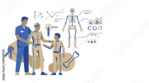 A professional medical specialist assists a woman and child wearing advanced motion capture suits for detailed gait analysis and skeletal monitoring.