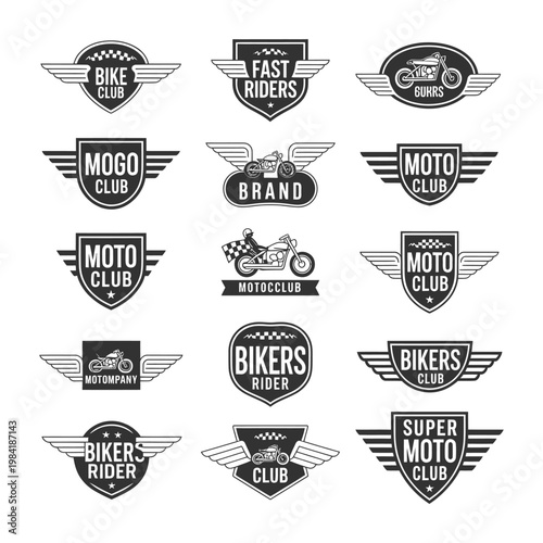 Vintage motorcycle club and biker group logos in retro style design