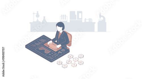 A dedicated female scientist meticulously analyzes complex molecular structures and chemical data on a high-tech digital laboratory workbench in a lab.