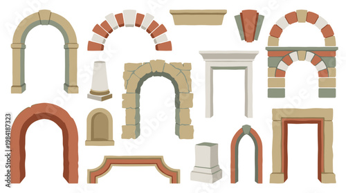 A comprehensive set of classical architectural elements features various stone archways and decorative door frames displayed against a clean white background.
