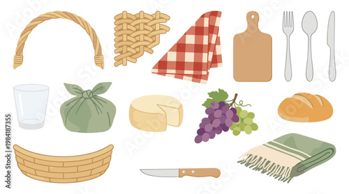 A charming collection of picnic items features a woven wicker basket alongside fresh bread and grapes with a red checkered napkin on a white background.