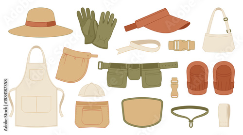 A professional set of gardening apparel and protective gear includes a sturdy tool belt and knee pads alongside a wide-brimmed sun hat on a white background.