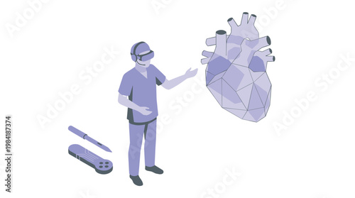 A professional surgeon wearing a virtual reality headset interacts with a large low-poly anatomical heart model in a clean minimalist medical environment.