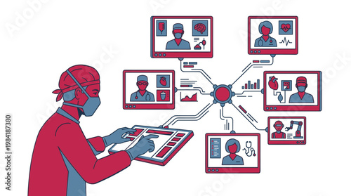 A skilled surgeon in red medical scrubs uses a digital tablet to coordinate with a network of remote specialists through multiple connected video screens.