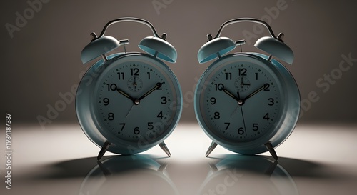 Two vintage alarm clocks side by side, illuminated in a dim setting, time concept.