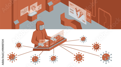 A focused scientist wearing a protective hazmat suit analyzes complex viral structures on a digital interface within a high-security laboratory setting.