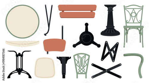 A comprehensive assortment of disassembled furniture components including elegant chair backs and sturdy metal table legs is displayed in a clean flat layout.