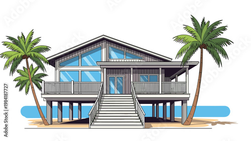 Modern wooden beach house with large windows and a spacious deck built on stilts surrounded by palm trees.