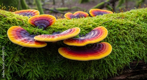 Vibrant and Colorful Bracket Fungi Growing on a Moss-Covered Log in the Forest.