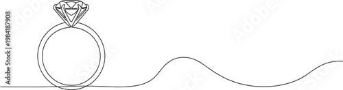 Minimalist continuous one line drawing of a diamond engagement ring for wedding proposals marriage celebrations and jewelry boutique branding isolated on white background.