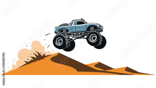 Blue monster truck with giant wheels jumping over a large sand dune in a desert with dust clouds following it.