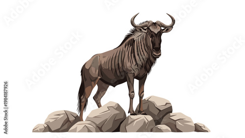Wild wildebeest standing on a pile of gray rocks with a white background highlighting its natural features.