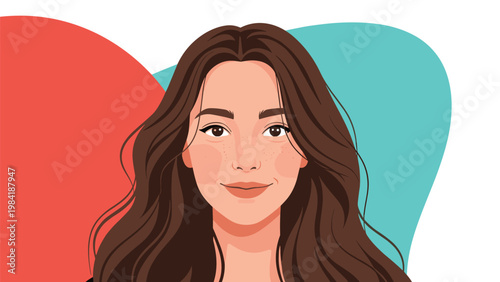 Close up portrait of a young woman with long wavy brown hair and brown eyes against a colorful background.