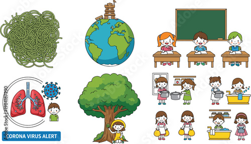 Corona virus alert illustration with globe lungs children classroom activities and tree cartoon vector illustration collection