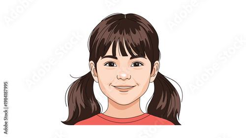 Portrait of a cute young girl with brown hair in pigtails wearing a red shirt and smiling at the camera lens.