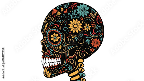 Intricate sugar skull design decorated with colorful flowers and patterns against a plain white background.