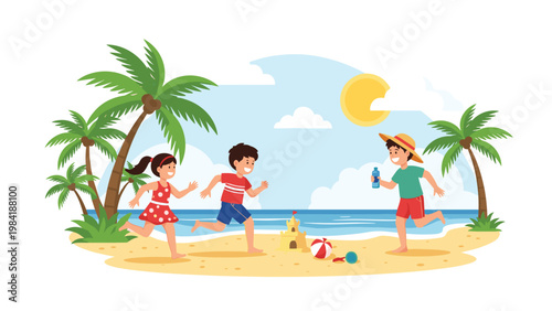 Three happy children running and playing on a sunny beach with palm trees a sandcastle and a blue ocean view.