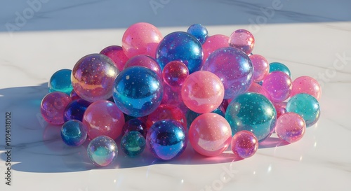 Vibrant Collection of Colorful Spheres - A Playful Arrangement of Transparent and Reflective Orbs.