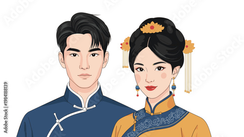 Young man and woman wearing traditional Chinese clothing with intricate embroidery and beautiful accessories.