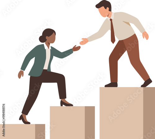 Man helps woman climb up blocks to reach higher step together