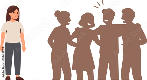 Woman stands alone facing group of people talking together in discussion