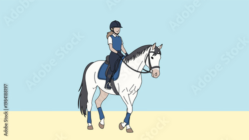 Female rider in professional equestrian attire riding a white horse against a blue and beige background.