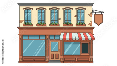 Charming two-story vintage shop building featuring large glass windows, a red and white striped awning, and colorful flower boxes.