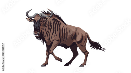 Detailed illustration of a powerful blue wildebeest in a walking pose isolated on a clean white background for easy creative use.