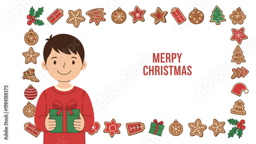 Smiling young boy wearing a red sweater and holding a green gift box framed by a festive border of gingerbread cookies and decorations.