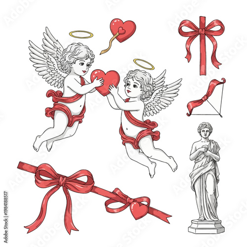 Vintage vector illustration set featuring winged cupids holding a red heart, decorative ribbons, a bow and arrow, and a classical stone statue of a woman on a white background.
