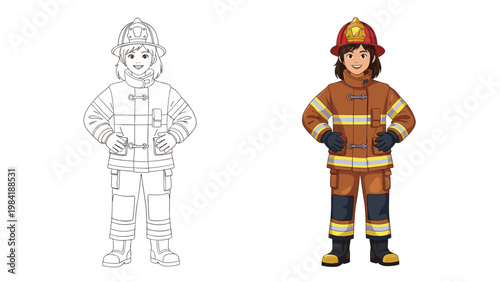 Female firefighter in full protective gear and helmet standing with hands on hips shown in both color and line art versions.