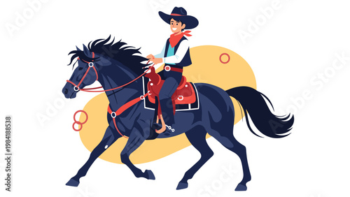 Heroic cowboy riding a dark galloping horse against an abstract yellow background with geometric shapes and simple line elements.
