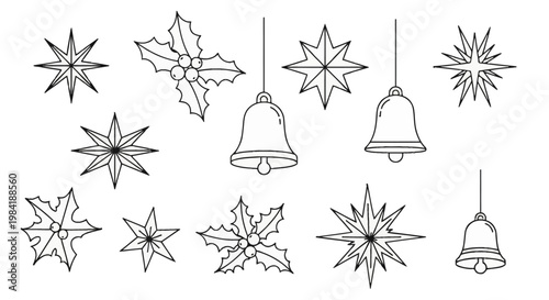 Set of black line art Christmas icons featuring holly leaves with berries, geometric star shapes, and hanging bells isolated on a white background for holiday design projects.