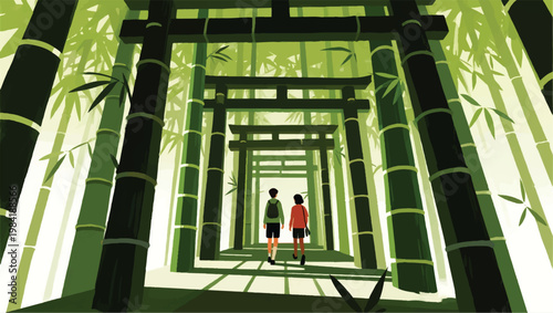 Illustration Of People Walking In A Tall Bamboo Forest Corridor Vector Design Template