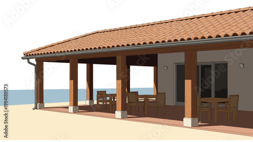 Architectural illustration of a spacious modern covered patio with a tiled roof, wooden columns, and outdoor dining tables and chairs.
