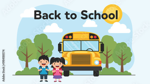 Happy school children standing in front of a yellow bus on a sunny day with trees and the sun under a Back to School banner.