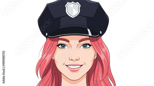 Close-up portrait of a friendly female police officer with long pink hair wearing a dark blue uniform cap with a silver shield badge.