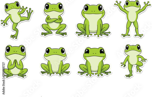 Cute frog cartoon characters set with different poses and expressions green amphibian vector illustration collection