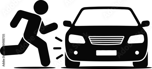 Black and white silhouette of a pedestrian running in front of a moving vehicle on a road.