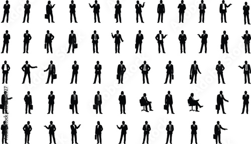 Large set of professional business people silhouettes in formal suits with briefcases and diverse standing and sitting poses for corporate presentation design projects isolated on white background.