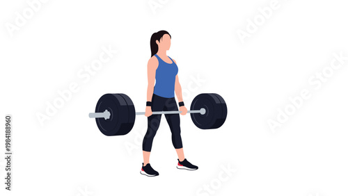 Strong athletic woman performs a heavy deadlift with a weighted barbell during a workout session against a clean white background.