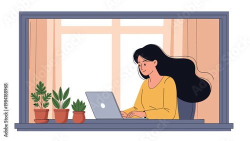 Young woman with long dark hair sits at a desk by a large window while working on a laptop with green potted plants nearby for comfort.