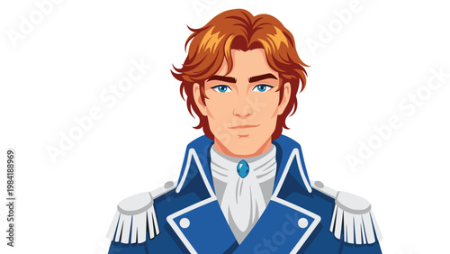 Portrait of a handsome young man with red hair wearing a blue military uniform with white fringed epaulettes and a high white collar.