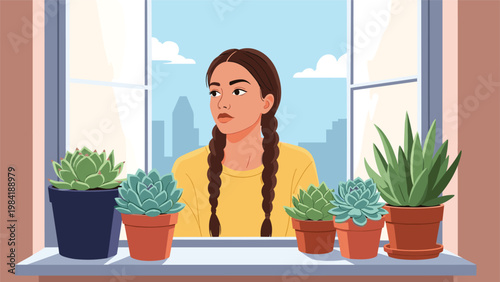 Girl with long brown braids gazes thoughtfully out of an open window overlooking a city skyline with potted succulents on the sill.
