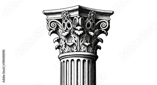 Architectural illustration of a Corinthian column capital featuring ornate acanthus leaves and fluted shaft, black and white woodcut engraving style isolated on white background.